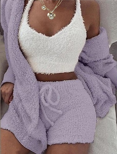  Women's Fleece Loungewear Sets 3 Pieces Fluffy Fuzzy Warm Pajama Pure Color Sport Plush Casual Home Daily Bed Cotton Blend Breathable V Wire Long Sleeve Shorts Elastic Waist Fall Winter Pink Purple