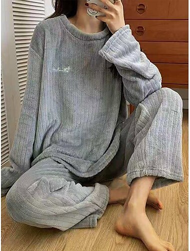  Damen-Pyjama-Sets mit Buchstaben-Plüsch, lässig, bequem, für zu Hause, für das tägliche Bett, Korallenfleece, Korallensamt, warm, Rundhalsausschnitt, langärmelig, Pullover, Hose, elastische Taille,