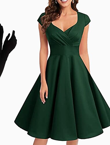  Retro Vintage 1950er Knielang Swing-Kleid Ausgestelltes Kleid V Ausschnitt Damen Maskerade Party Abschlussball Alltagstauglich Erwachsene Kleid Handschuhe Abschlussballkleider