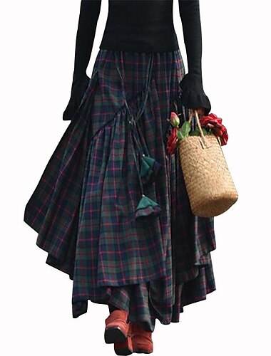  Women's Skirt Swing Long Skirt Maxi Skirts Ruched Pleated Layered Plaid Party Halloween Fall & Winter Polyester Fashion Green