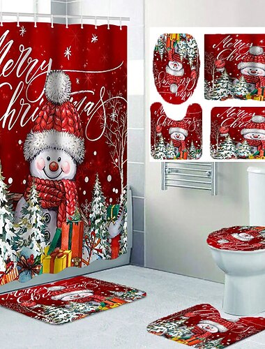  Conjunto de cortina de chuveiro de natal, 4 peças, conjuntos de banheiro, decoração moderna de banheiro com tapete de banho em formato de u e tampa de vaso sanitário e 12 ganchos