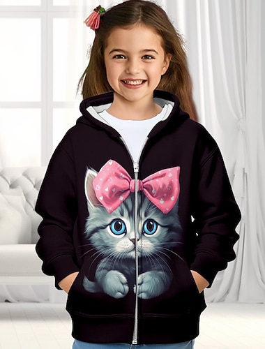  Chica 3D Gato Sudadera Abrigo Abrigos Manga Larga Impresión 3D Otoño Invierno Activo Moda Estilo lindo Niños 3-12 años Exterior Casual Diario Ajuste regular