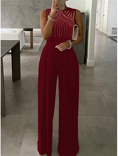 Damen Normal Jumpsuit Elegant Feste Farbe Ärmellos Rundhalsausschnitt Hohe Taillenlinie Ausgeschnitten Hochzeit Party Schlank Schwarz Rote Blau Herbst