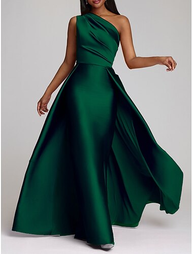  Linjeform Gulvlengde Kveldskjoler Ballkjole med overskjørt Formell kjole Elegant Luksuriøs Ermeløs Enskuldret Bryllupsgjest Cocktailfest Sateng med Overskjørt Ren Farge 2025