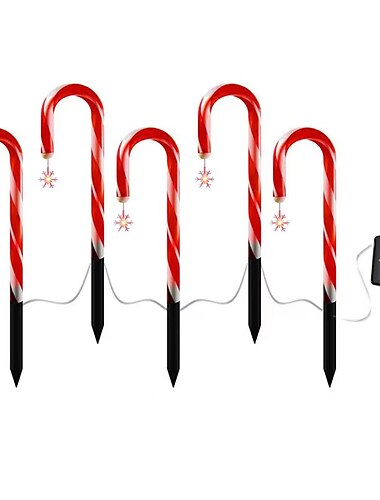  5-in-1 Solar Christmas Star, Snowflake, Peppermint Candy Cane Stake Lights - Outdoor Pathway Decoration Pathway Lights for Yard & Garden