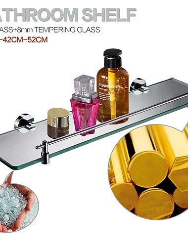  Badezimmerregal, längenverstellbar, bezaubernd, schön, zeitgenössisch, modern, Messing, gehärtetes Glas, Metall, 1 Stück – Badezimmer-Wandmontage