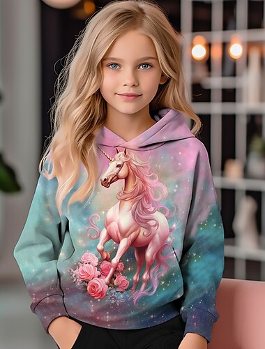  da ragazza unicorno 3D felpa con cappuccio pullover manica lunga stampa 3D autunno inverno attivo di moda stile carino poliestere bambini 3-12 anni all'aperto casual quotidiano vestibilità classica