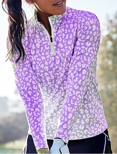  نسائي قميص بولو أسود أزرق بنفسجي فاتح كم طويل حماية الشمس قمم جلد نمر الخريف الشتاء ملابس الجولف للسيدات، ملابس ملابس