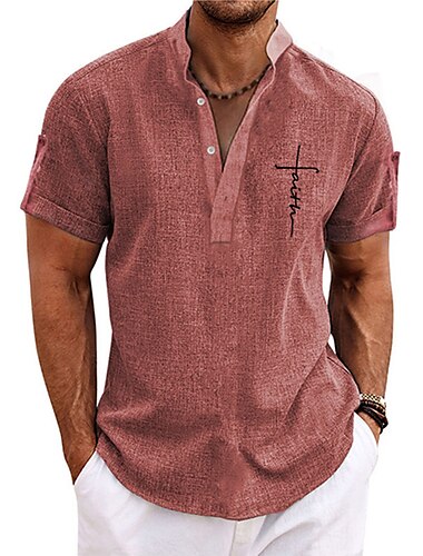  Pánské plátěná košile Plážová košile Tričko Henley retro košile Vintage košile Víra Dovolená ulice Světlá růžová Vodní modrá Trávová zelená Khaki Krátký rukáv Stojáčkový límec Léto Jaro Oblečení