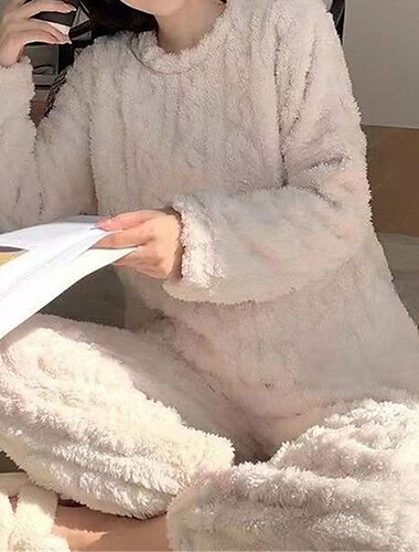  pyjamasset för kvinnor ren färg plysch avslappnad komfort hem daglig säng korall fleece korall sammet varma lapel långärmad pullover byxa höst vinter hem outfits