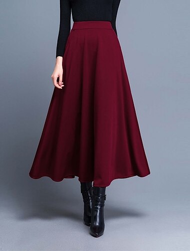  Damenrock A-Linie Swing Midi Hohe Taille Röcke Tasche einfarbig Street Alltag Winter Elegant Mode Wein Schwarz Rot