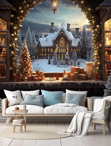  クリスマスの飾り、白雪姫、冬のワンダーランド、吊り下げタペストリー、城、壁アート、クリスマス、大きなタペストリー、壁画、装飾、写真、背景、ブランケット、カーテン、自宅、寝室、リビングルーム、装飾、窓の景色