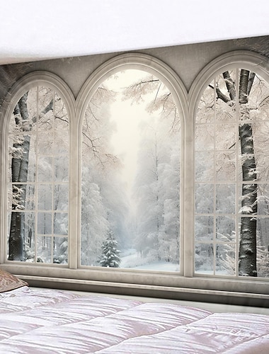  冬の雪の窓掛けタペストリー壁アート大きなタペストリー壁画装飾写真背景ブランケットカーテンホーム寝室リビングルーム装飾