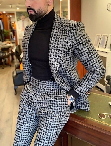  De los hombres Boda Trajes de tweed Negro Marrón A cuadros A Medida Juego de 2 piezas Recto 1 botón