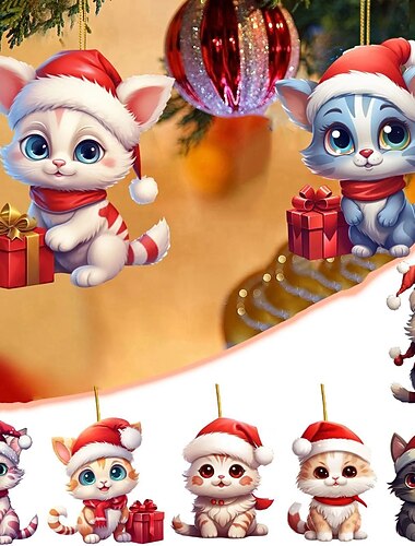  8db macska karácsonyi díszek akril 2d lapos nyomott kulcstartó, opcionális akril dísz és autós visszapillantó tükör kiegészítők emlék ajándék csomag
