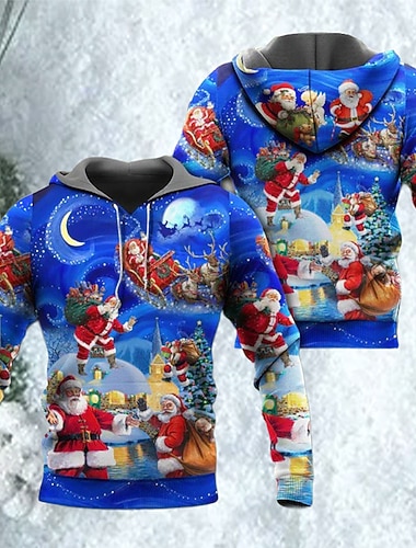  Sudadera con capucha 3D de Papá Noel para hombre, sudadera con capucha azul, estampados gráficos de Papá Noel, estampado feo, ropa deportiva diaria, estampado 3D, ropa urbana básica, diseñador