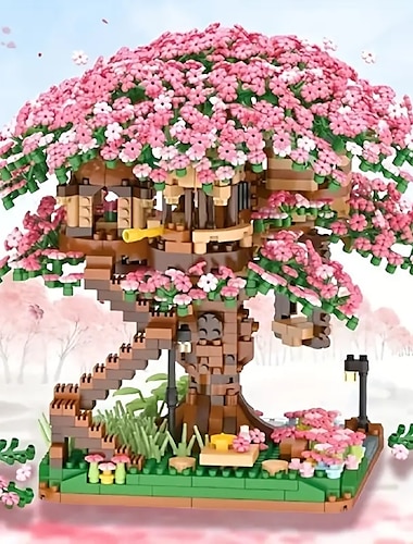  2028 قطعة من مكعبات بناء منزل شجرة ساكورا الوردية - ألعاب يدوية على شكل زهرة الكرز للأطفال - هدية مثالية! (ليست مجموعات)