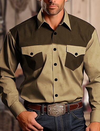  Herre Cowboy Western skjorte Skjorte med knapper Cowboyskjorte Langermet Årgang vestlig stil Fritid / hverdag Høst vinter Vår Aftæpning 3D-utskrift Lomme foran Kakifarget Grå