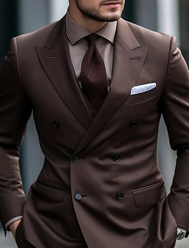  חליפות חתונה לגברים קפה 2 חלקים פלוס מידה בצבע אחיד בהתאמה אישית כפולת חזה שישה כפתורים 2024
