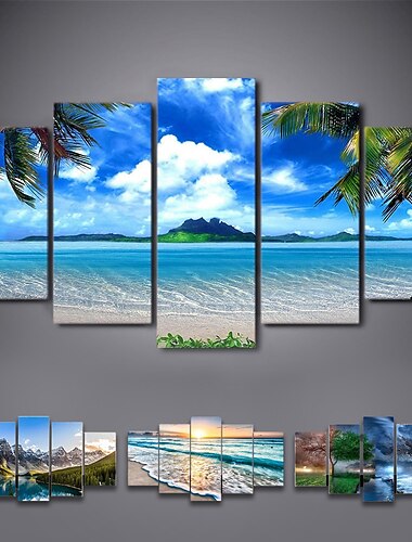  5 panneaux paysage imprime affiches/image plage bleu mer coucher de soleil moderne mur art tenture murale cadeau décoration de la maison roulé toile pas de cadre sans cadre non étiré
