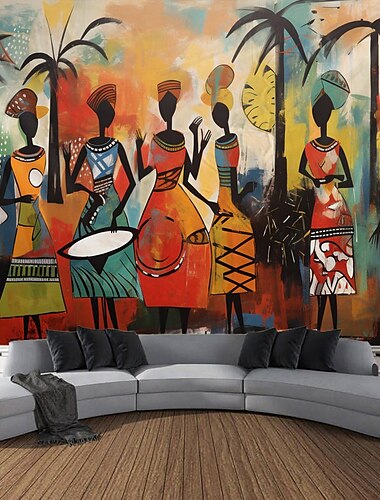  لوحة زيتية للنساء الأفريقيات، بساط معلق، فن جداري كبير، نسيج جداري، ديكور، صورة خلفية، ستارة بطانية، ديكور غرفة نوم المنزل وغرفة المعيشة