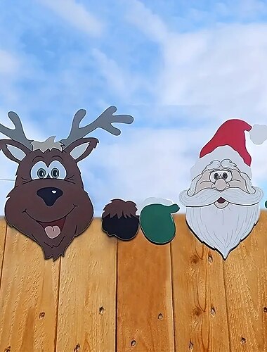  クリスマスをテーマにしたフェンスデコレーション、クリスマスフェンスインサート、木製サンタクロース、トナカイ、雪だるまフェンスデコレーション、ガーデンデコレーションインサート
