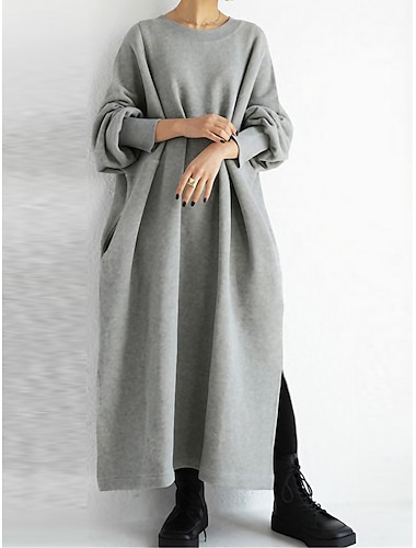  Mujer Vestido sudadera Vestido informal vestido largo vestido largo Activo Diario Exterior Festivos Vacaciones Cuello Barco Diseño Color puro Holgado Negro Vino Gris S M L XL XXL