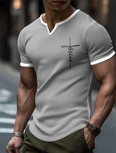  男性用 レタード 信仰 グラフィックTシャツ ワッフルTシャツ 半袖 Tシャツ 3Dプリント Ｖネック シャツ デザイナー カジュアル アウトドア バケーション 日常 ブルー ブラウン グリーン 春夏 衣類 S M L XL 2XL 3XL