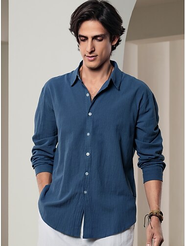  10% linnen Button-omlaag Voor heren Overhemd linnen overhemd Wit Blozend Roze Marineblauw Lange mouw Effen Kleur Kraag Lente zomer Casual Dagelijks Kleding
