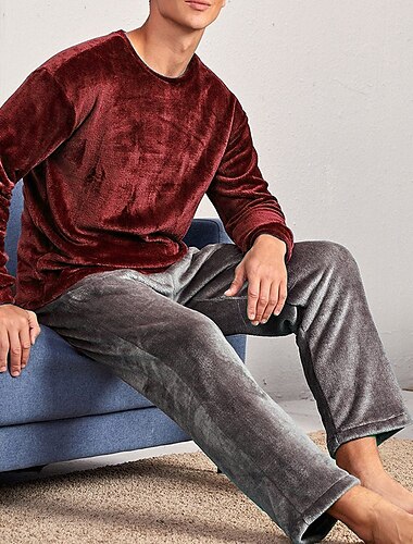  Herren Hausanzug Schlafanzüge Schlafanzug Set Pyjama-Oberteil und Hose 2 Stück Glatt Stilvoll Brautkleider schlicht Komfort Heim Täglich Flanell Komfort Rundhalsausschnitt Langarm Pullover Hose