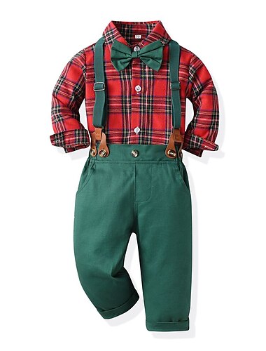  2 Stück Ring-Träger Anzug Jungen kinderkleidung Weihnachtssets Shirt & Hose Kleidungsset Schulanfang Jahrestag Modisch Täglich Plaid Knopf Tasche Gelb Wein Armeegrün Baumwolle