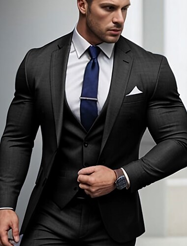  Trajes de boda para hombres Trajes de regreso a casa Negro azul cielo negocios casual diario de color sólido ajuste a medida de 3 piezas de dos botones