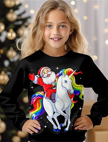  Jente 3D enhjørning Julegenser Genser Pullover Langermet 3D-utskrift Høst Vinter Mote Gatemote Bedårende Barn 3-12 år Crew-hals utendørs Avslappet Daglig Normal