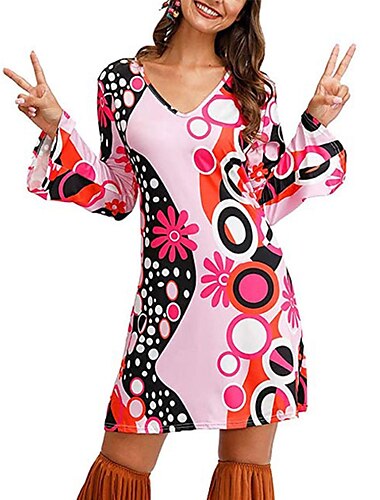  Hippie Retro Vintage 1970er Disko Kleid Kopfbedeckung Kopfbedeckungen Damen Kostüm Jahrgang Cosplay Party & Abend Langarm Kleid Schlager Outfit