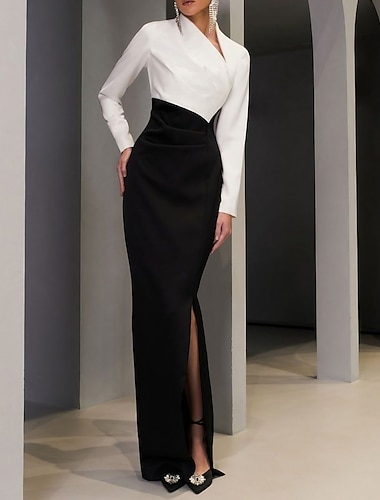  Schlauch Abendkleid Elegantes Kleid Formeller Hochzeitsgast Bodenlange Lange Ärmel V-Ausschnitt Schwarzes Kleid Stretchstoff mit Schlitz 2025