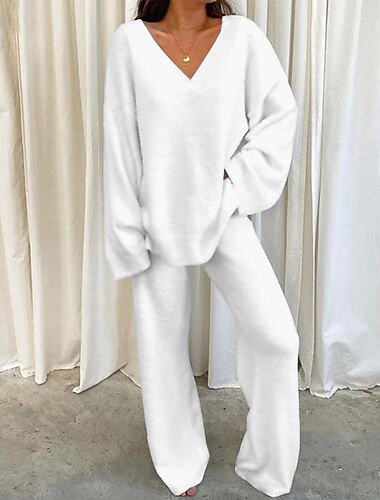  Women's Fleece Lounge Sets 2 Pieces Solid Color Fluffy Fuzzy Warm Pajama V Neck Long Sleeve for Fall Winter White S 3XL
