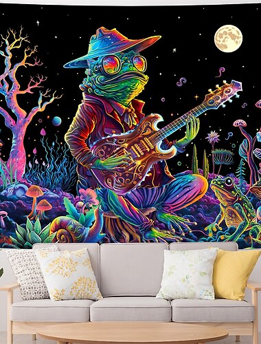  blacklight billedvev uv reaktiv glød i mørket glød party neon trippy misty frog gitar hengende billedvev veggkunst veggmaleri for stue soverom