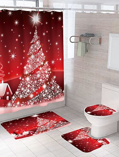  cortina de chuveiro de banheiro de natal, cortina de decoração de natal com 12 ganchos