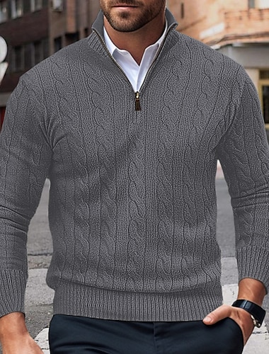  Men's Sweater Quarter Zip Sweaters Quarter Zip Pullover Sweater Pullover Ribbed Cable Knit Zipper Knitted Plain Quarter Zip Keep Warm Modern Contemporary Daily Wear Going out Clothing Apparel Fall