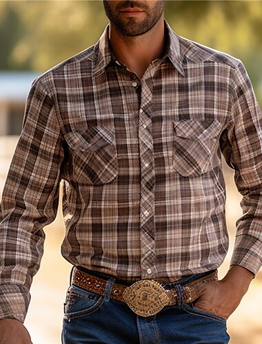  Hombre Plaid Camisa camisa occidental Camisa vaquera Manga Larga Vintage estilo occidental Ropa Cotidiana Noche Fin de semana Otoño invierno Cuello Vuelto Bolsillo Estampado Abotonar Negro Burdeos