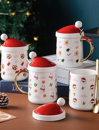  400 ミリリットルクリスマスセラミックマグ、クリスマス帽子蓋とゴールドスプーンクリエイティブウォーターミルクティーカップかわいいクリスマスギフト子供のためのコーヒーカップ