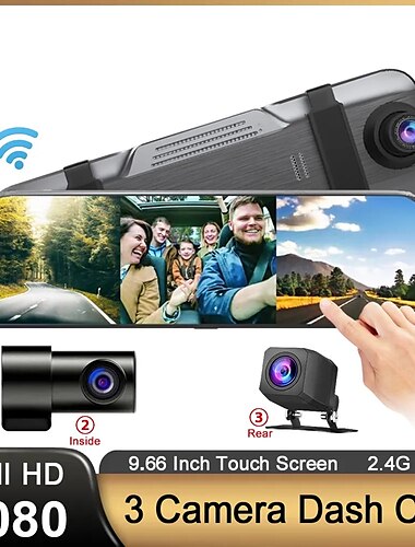  3-kanals speilkamera wifi bil videoopptaker bakspeil dash cam foran og innvendig med bakre kamera speil dvr svart boks