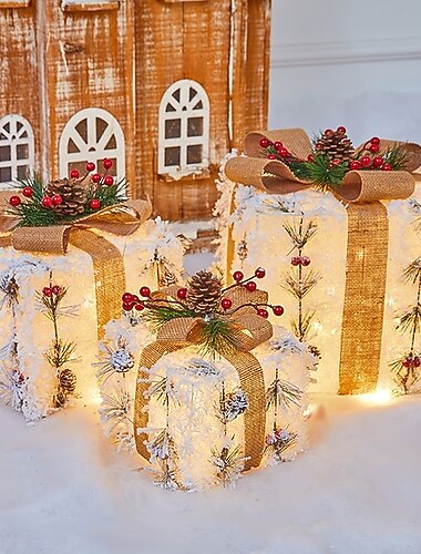  3 pezzi di scatole regalo luminose di Natale luci fatate a batteria set di 6 pollici/8 pollici/9 pollici con fiocchi scatole regalo per matrimoni giardino casa decorazioni artistiche per le vacanze