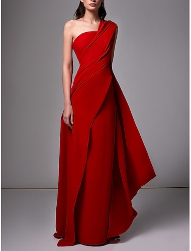  Etui-Abendkleid, rot-grünes Kleid, elegantes Kleid, formeller Schwung / Pinselschleppe, ärmellos, One-Shoulder-Stretch-Chiffon mit Falten, gerüscht 2024