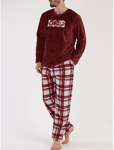 Herren Hausanzug Schlafanzüge Schlafanzug Set Pyjama-Oberteil und Hose 2 Stück Plaid Stilvoll Brautkleider schlicht Komfort Heim Täglich Flanell Komfort Rundhalsausschnitt Langarm Pullover Hose