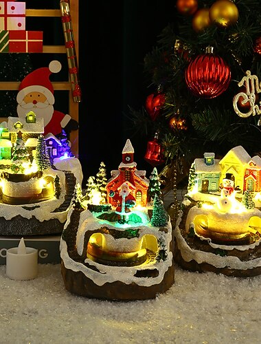  Lumières de cadeau de noël avec petit train courant autour de la maison, lumières colorées, musique, train rotatif, ornement festif en résine