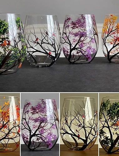  kieliszki do wina z czterema porami roku - ręcznie malowane dzieła sztuki, kieliszki do wina malowane wiosną, latem, jesienią, zimą, kolorowe kieliszki do sezonowego projektowania sztuki drzewa