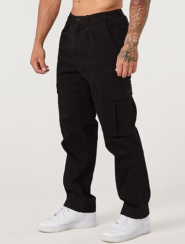  Herre Cargo-bukser Cargo bukser Lomme Vanlig Komfort Åndbart udendørs Daglig I-byen-tøj Mode Afslappet Sort militærgrøn