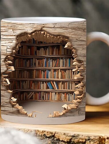  3d bokhylla mugg, keramisk mugg, biblioteks bokhyllor hål i en vägg mugg, bokälskare kaffemugg, coola bokaktiga presenter till läsare jul och julklapp