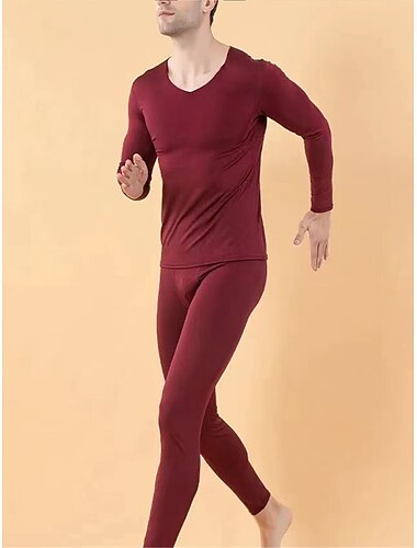  Homme Sous vêtement thermique Vêtements de nuit Ensemble thermique 2 Pièces Plein Chaud Mode Décontractées Intérieur du quotidien Lit Polyester Confort Chaud Doux Col V manche longue T shirt Tee